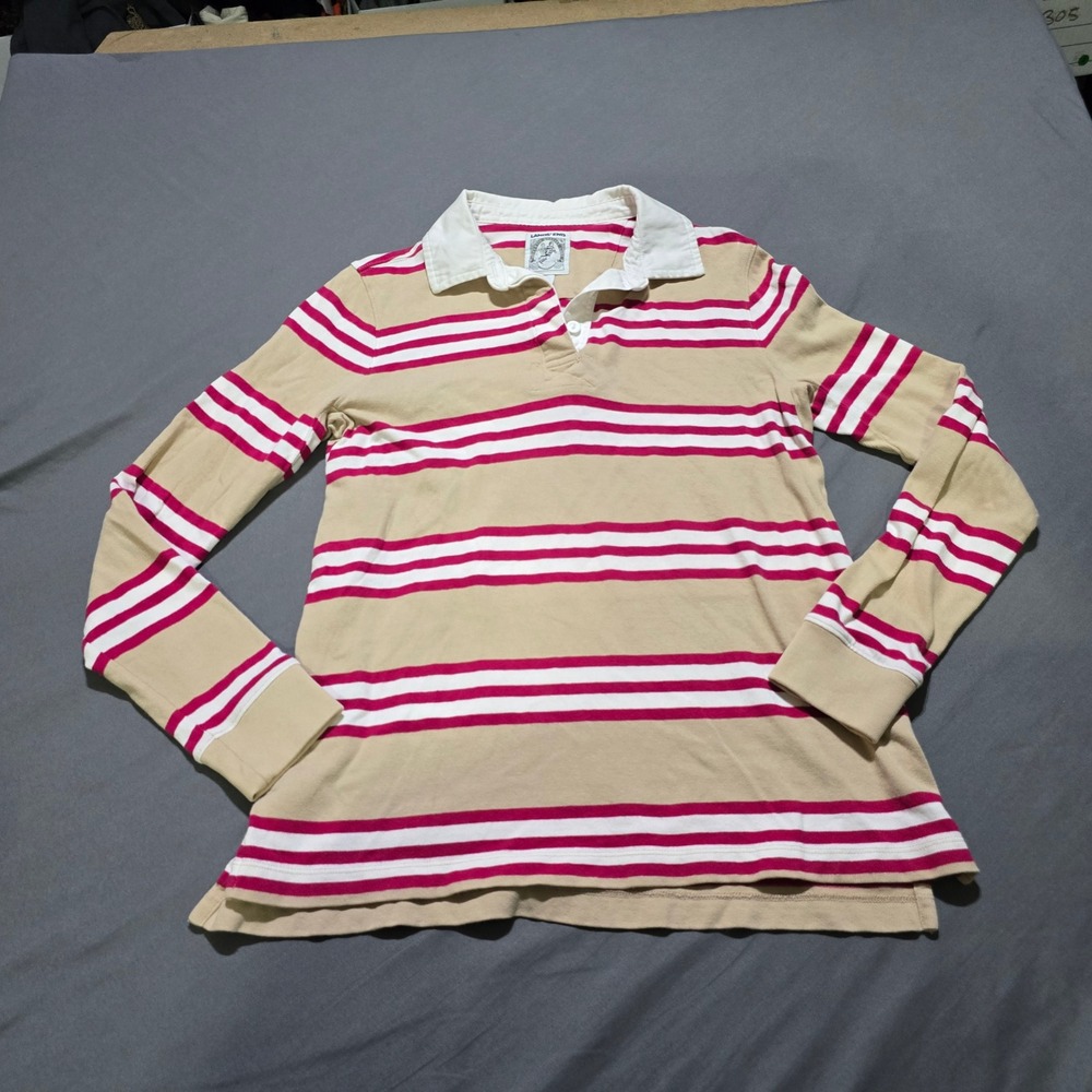 Lands End Rugby Shirt Womens S Tan Pink Striped Long Sleeve Cotton Polo